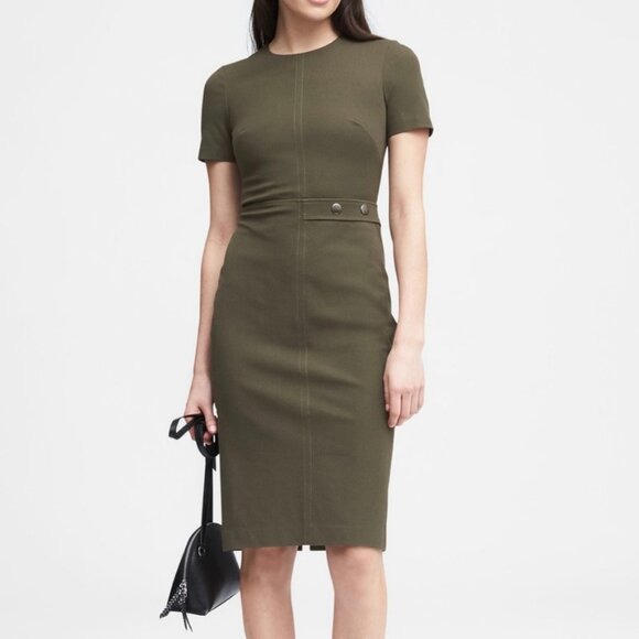 Banana Republic Olive Fitted Pencil Midi Dress Double Button Stretch Size 2 - Picture 1 of 10